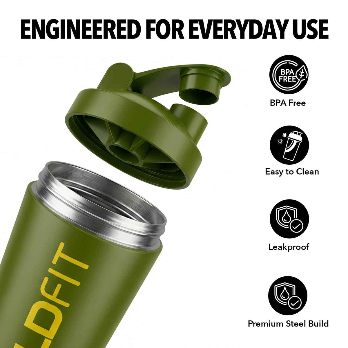 BOLDFIT Steel Shaker (Army Green)